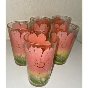 1950's Federal Glass Tumblers Hibiscus MCM Cottagecore Spring Summer 5 Glasses